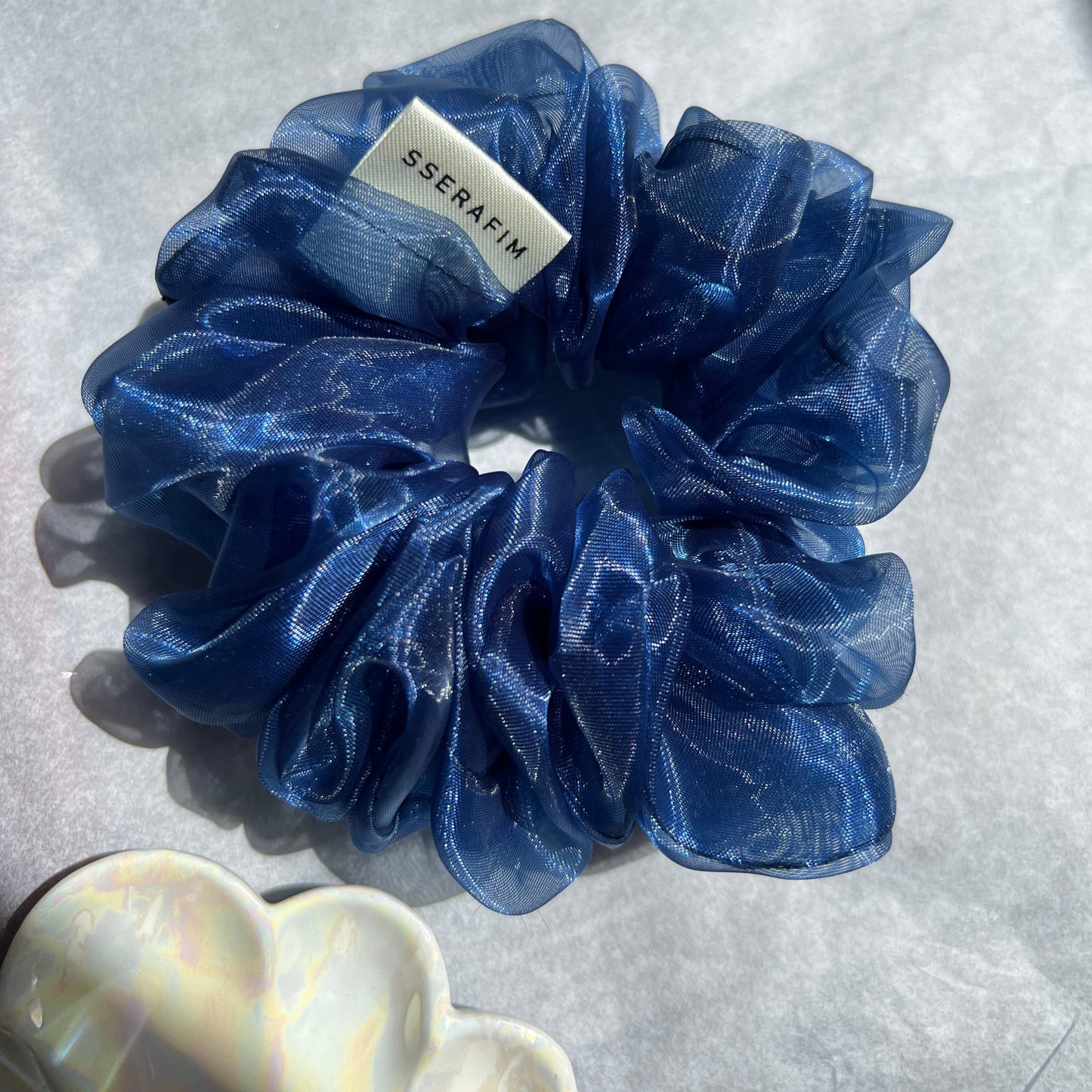 vibes xl size scrunchies organza silk in blue - front by sserafim