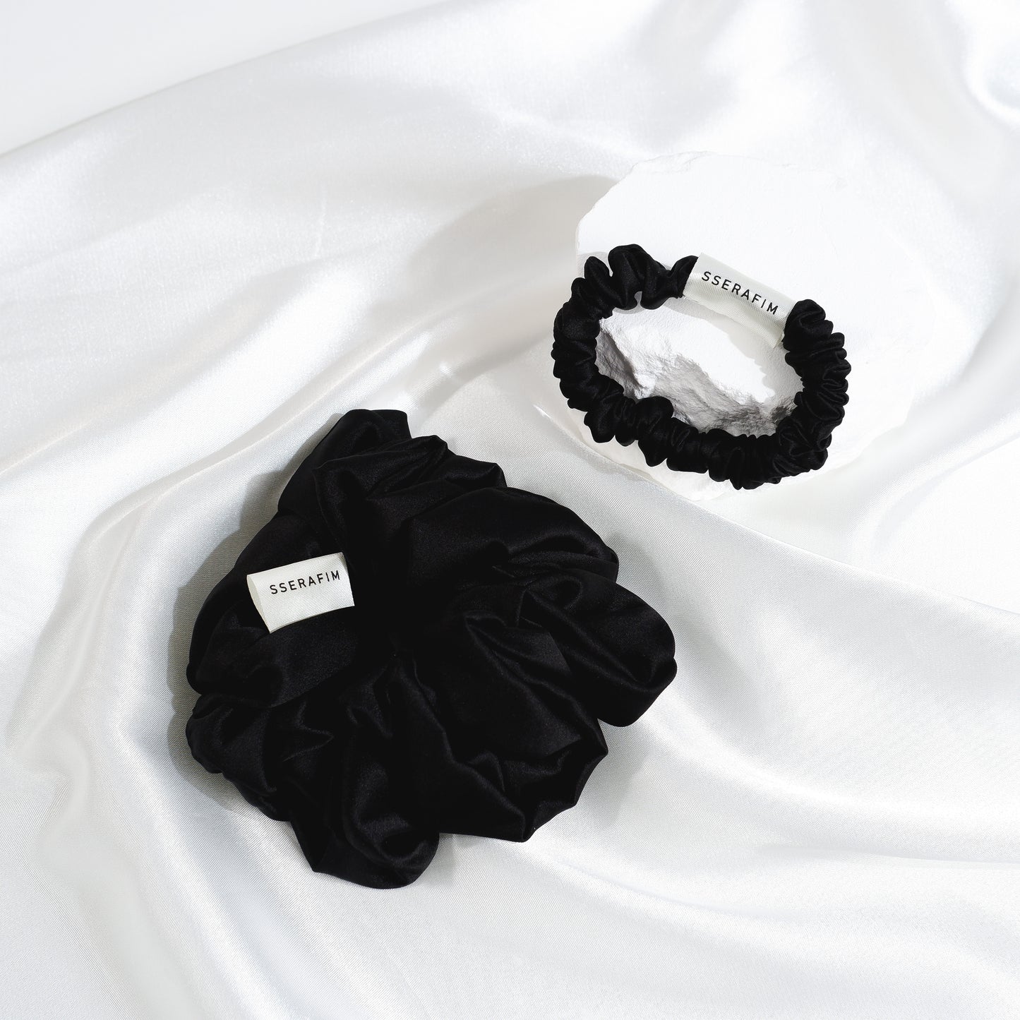 large mulberry silk scrunchies in black color- front and back skinny large size by sserafim