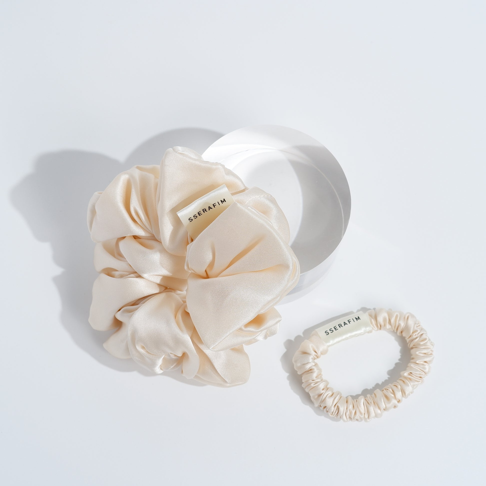 large mulberry silk scrunchies in white pearl color- front and back skinny large size by sserafim