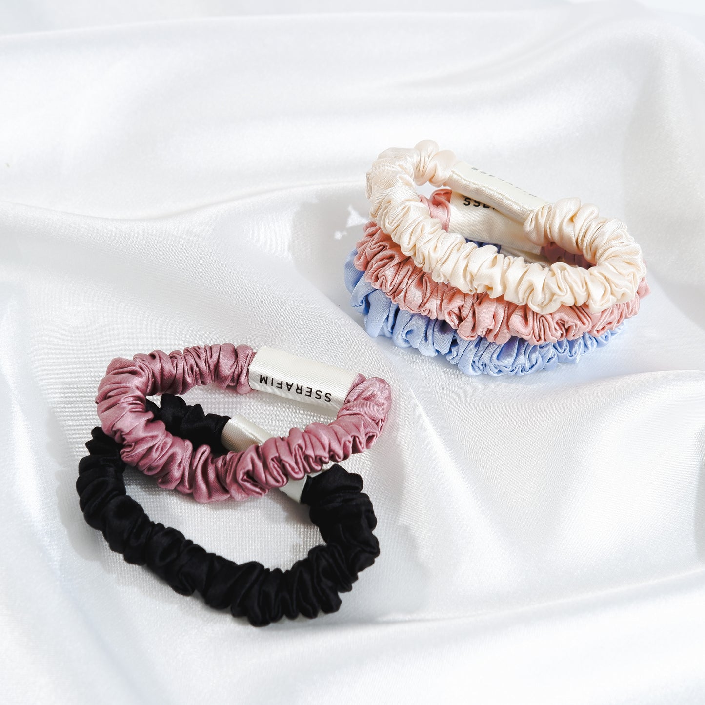 skinny mulberry silk scrunchies multi color - front by sserafim