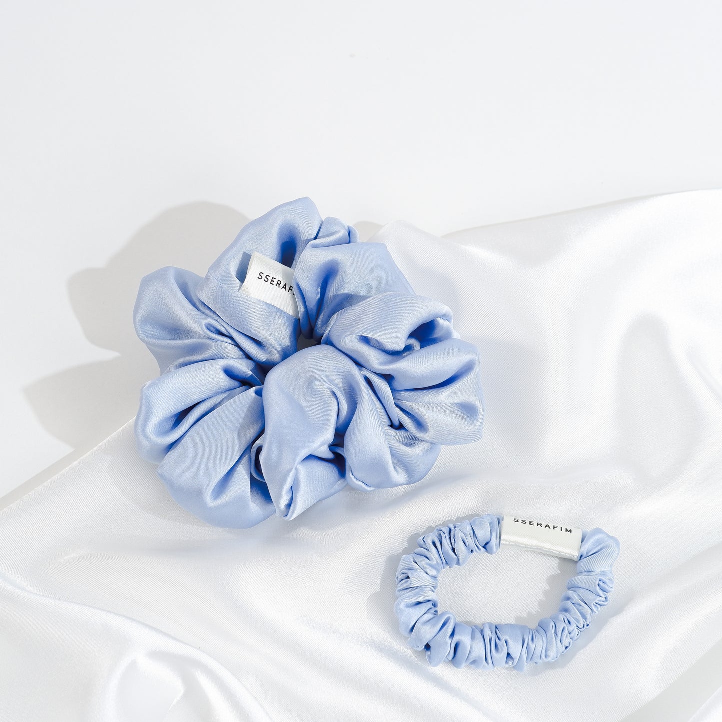 duo large and skinny size silk scrunchies- blue color - front by sserafim